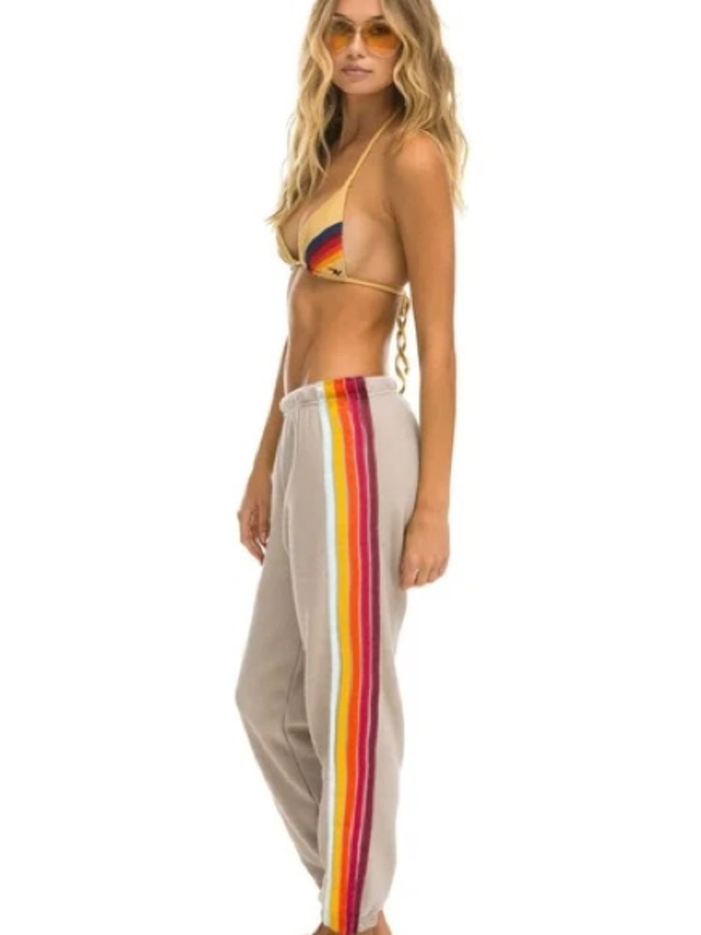 Aviator Nation Beige Track Pants with Rainbow Side Stripes